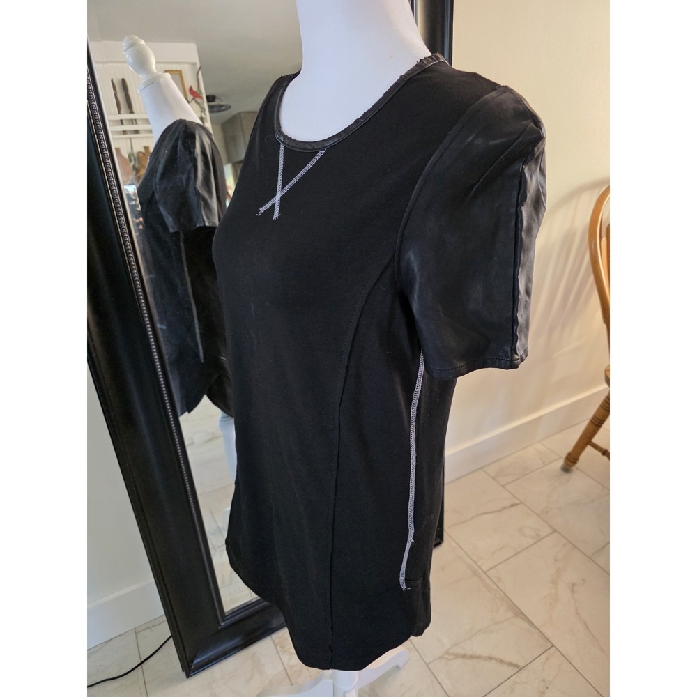 Sweewë Paris Black Top Faux Leather Sleeves Stretch Cotton Zip Back Small
